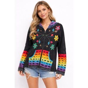 Rising International Patchwork Hoodie Rainbow Boho Hippie Festival Jacket XL